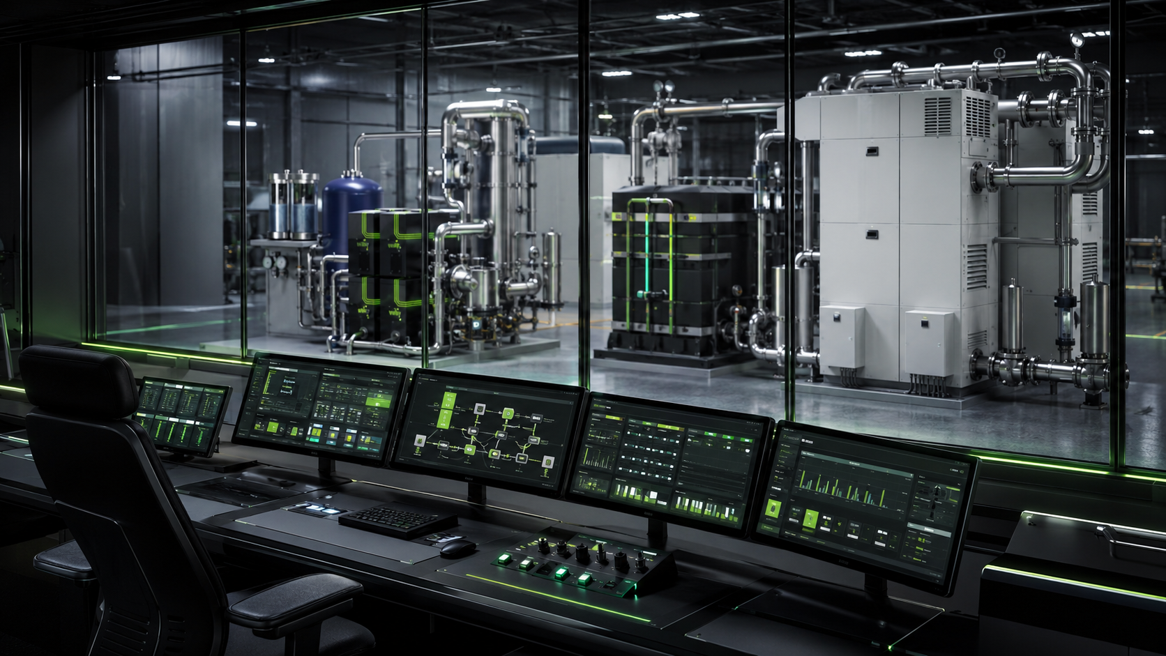 VIVIFY HOG™ hydrogen energy system monitored from an industrial control room, showing AI-driven real-time operations management for behind-the-meter hydrogen power generation at scale