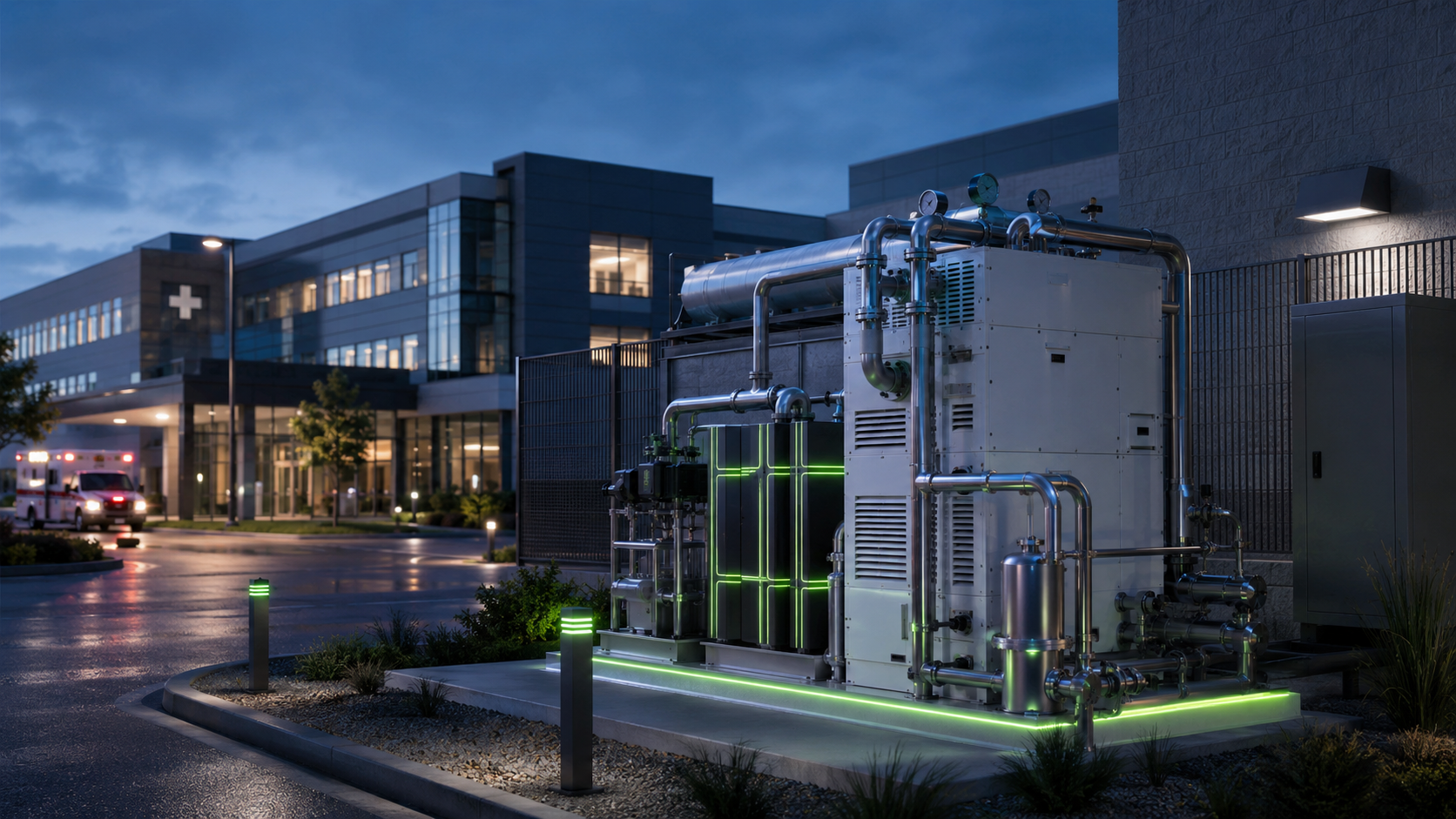 VIVIFY HOG™ hydrogen oxygen generator system installed outside a hospital facility at night, delivering behind-the-meter clean hydrogen energy for critical infrastructure and mission-critical power applications