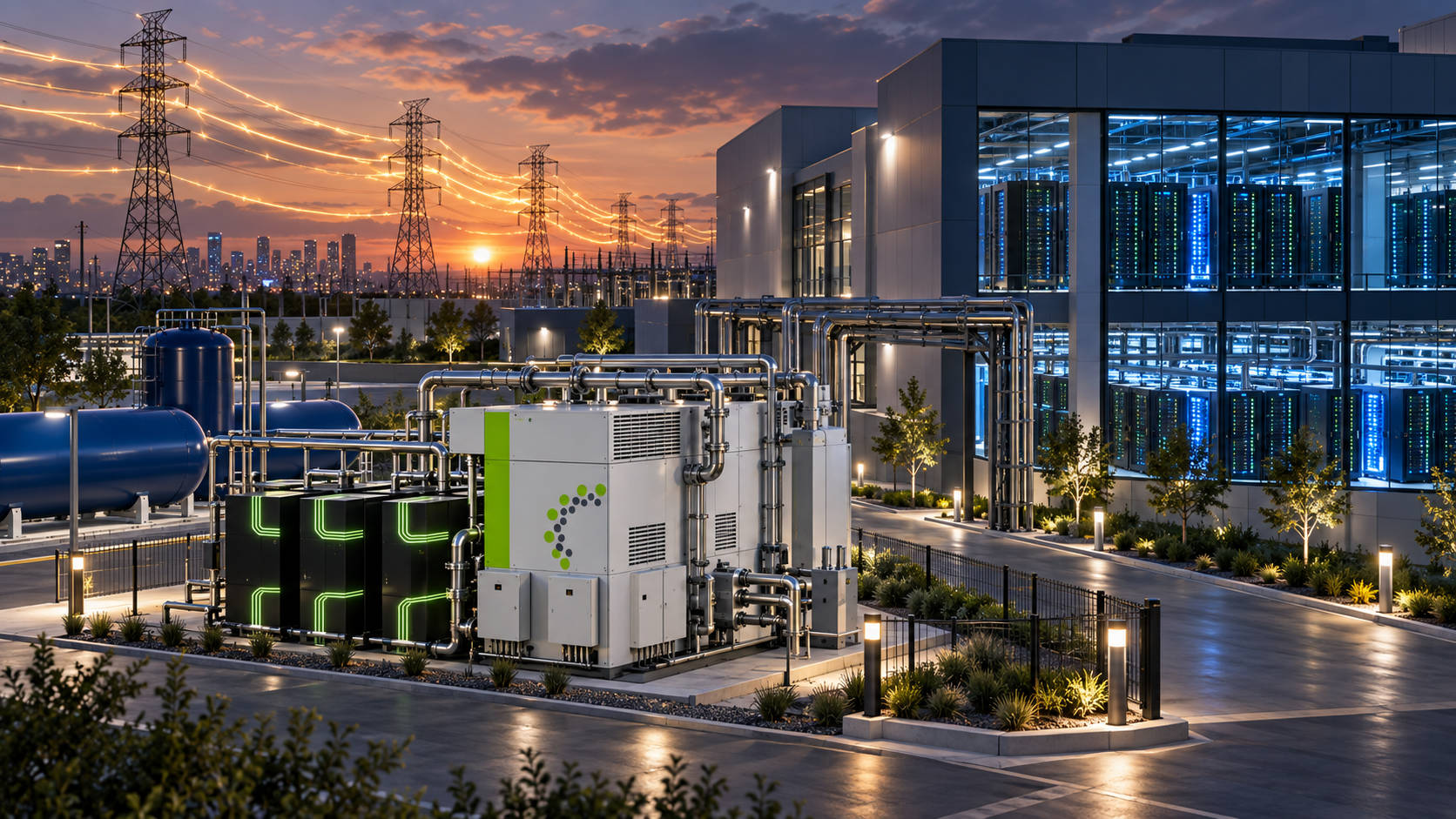 AI data center powered by an on-site hydrogen energy system beside high-voltage grid infrastructure.