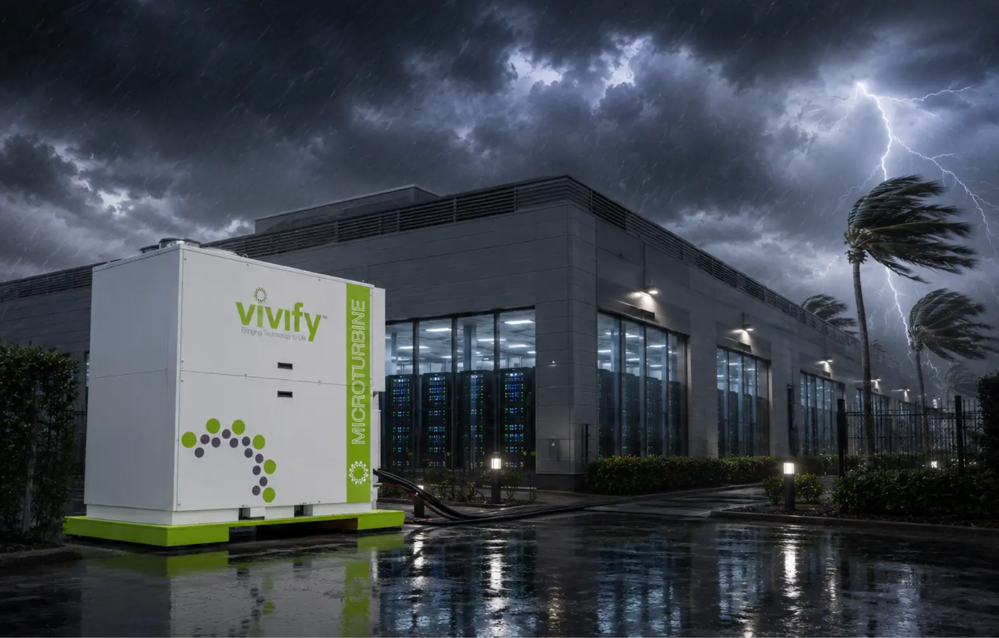 VIVIFY HOGâ„¢ hydrogen microturbine system installed on-site beside a data center, providing dedicated behind-the-meter power independent of the utility grid.