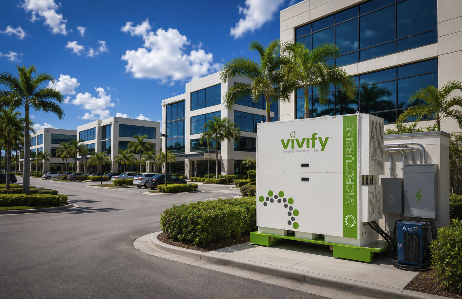 VIVIFY microturbine unit installed beside a commercial office building, with palm trees and a parking lot in the background.