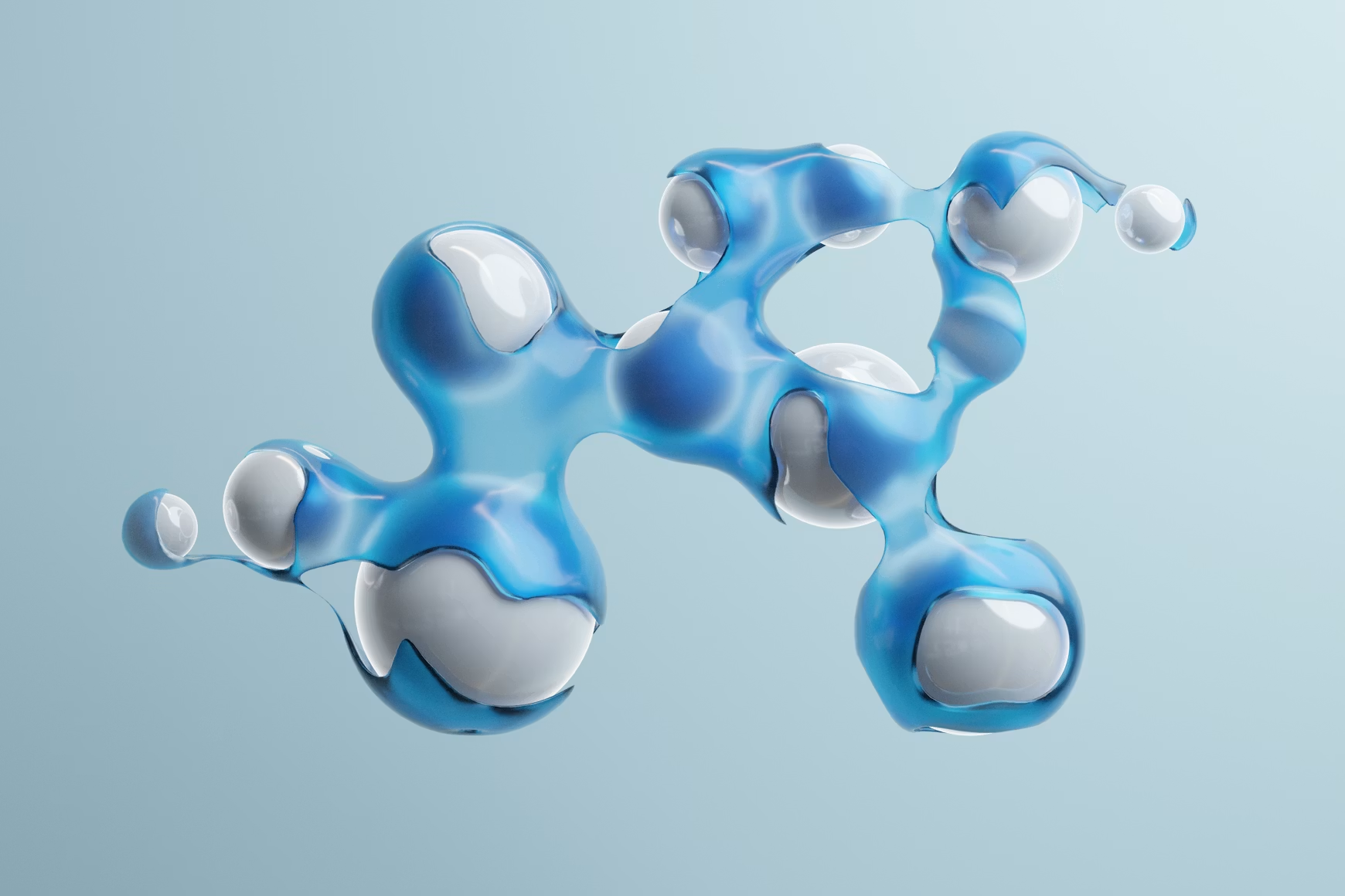 Abstract 3D rendering of interconnected blue and white spheres in a fluid, molecule-like structure against a light blue background.