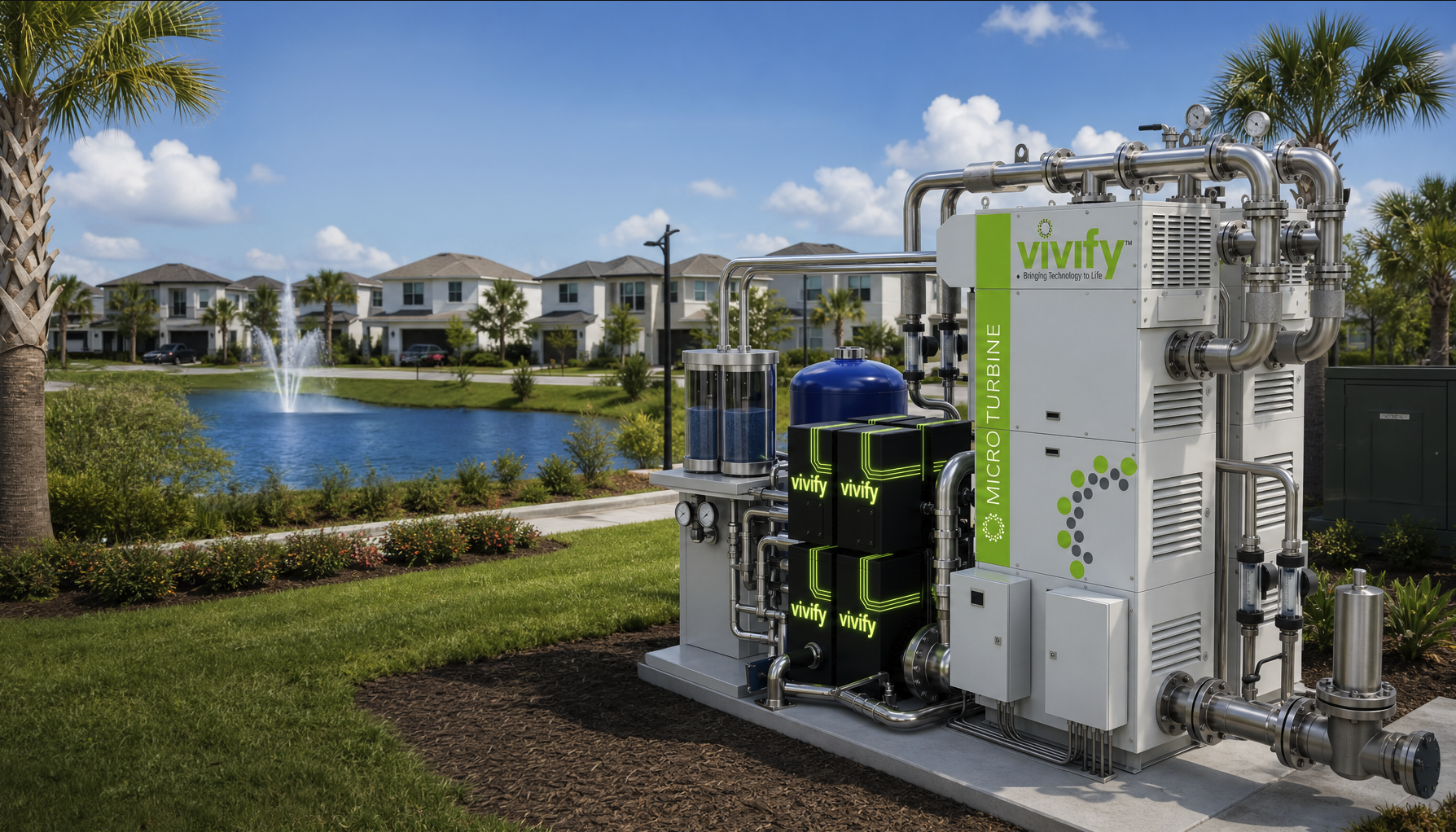 VIVIFY HOG hydrogen power system installed beside a residential pond, with homes and palm trees in the background.